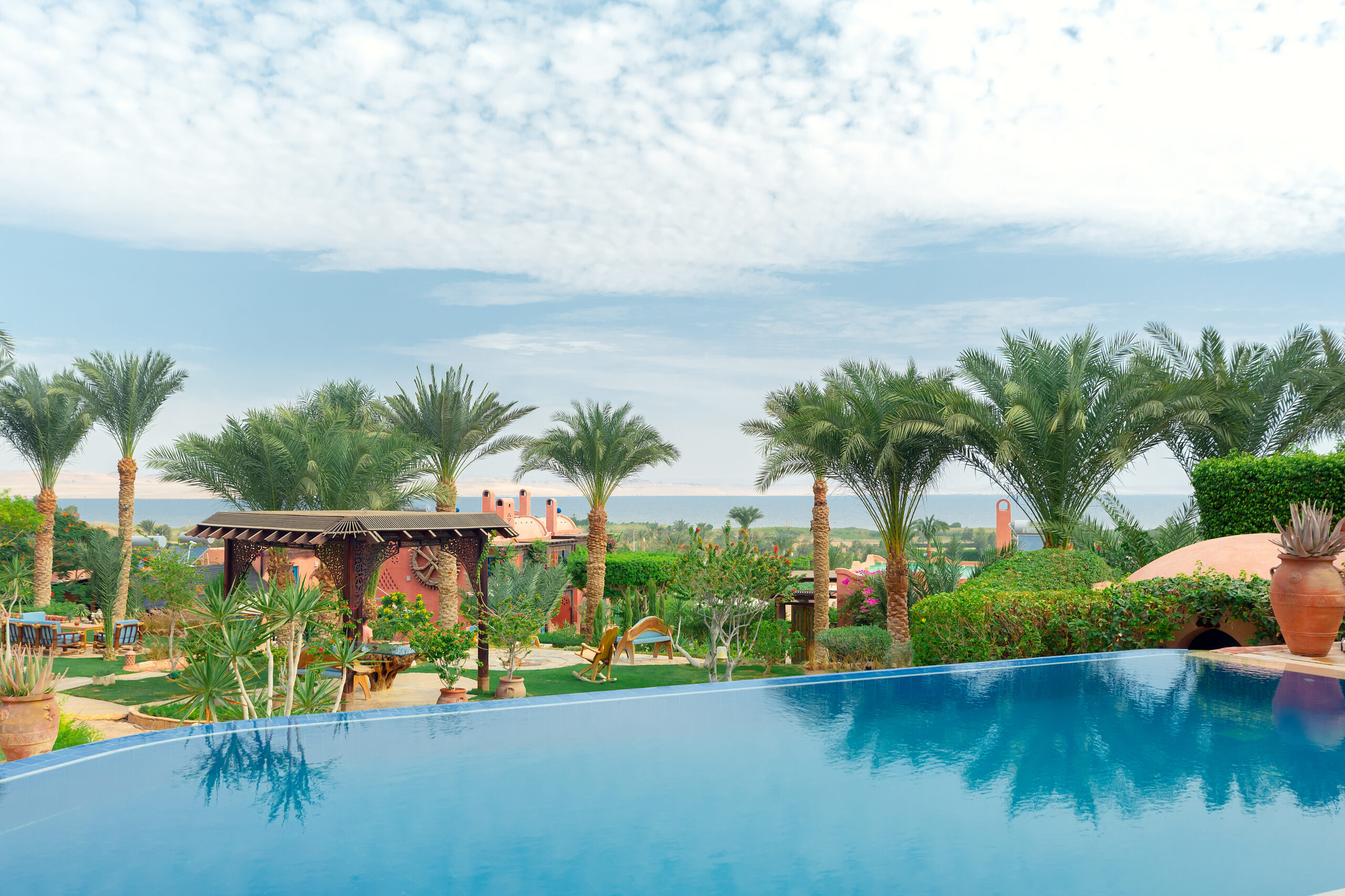 Infinity pool edge with palms and a lake on the horizon.